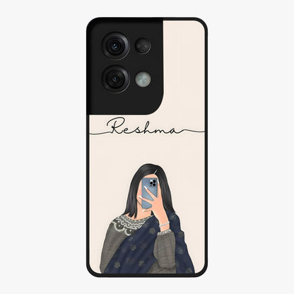 Mirror Mood Muse With Custom Name Glass Case showing flat back view with stylish mirrored artwork and personalized name design.