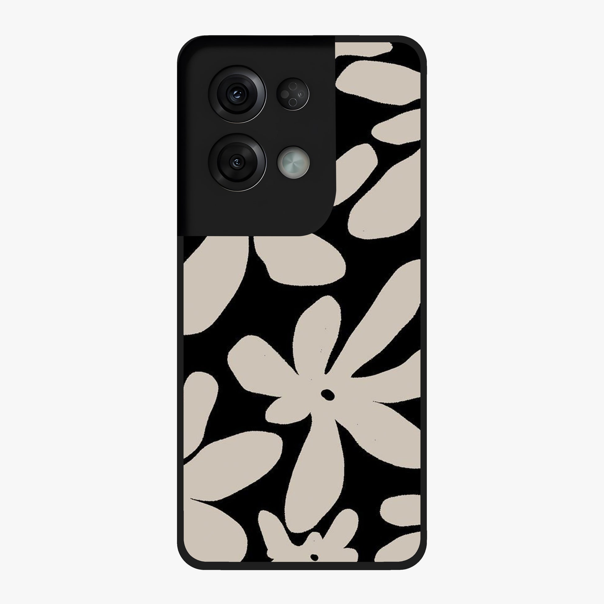Monochrome Petal Dance Glass Case showing flat back view with monochrome floral artwork and glossy glass finish.