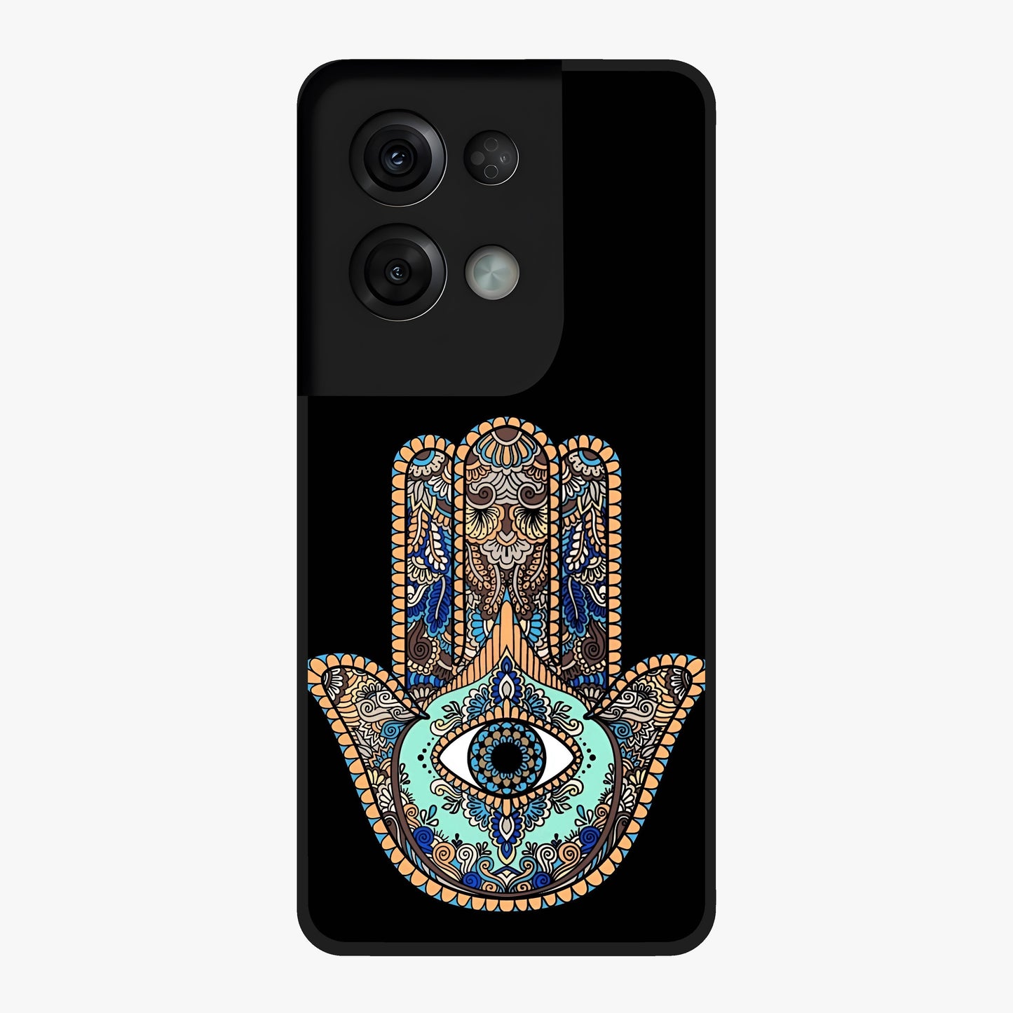 Mystic Hamsa Eye Glass Case showing flat back view with protective hamsa hand and evil eye artwork and glossy glass finish.