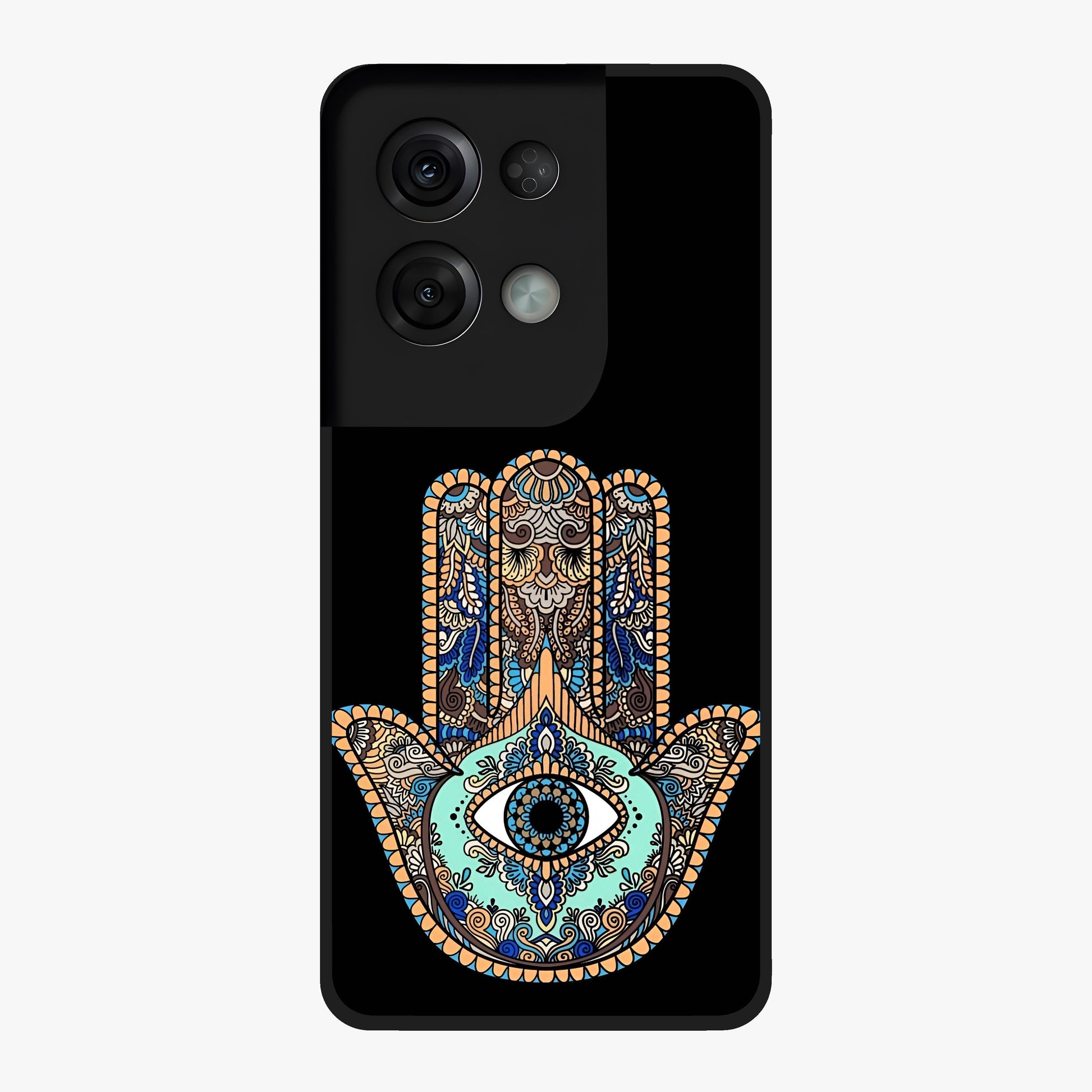Mystic Hamsa Eye Glass Case showing flat back view with protective hamsa hand and evil eye artwork and glossy glass finish.