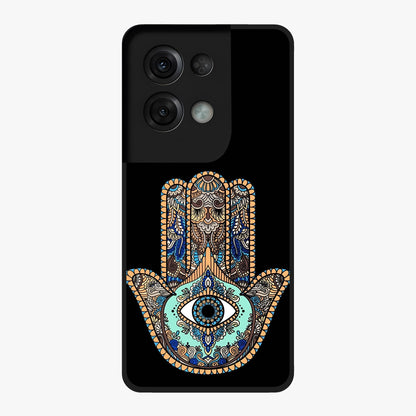 Mystic Hamsa Eye Glass Case showing flat back view with protective hamsa hand and evil eye artwork and glossy glass finish.
