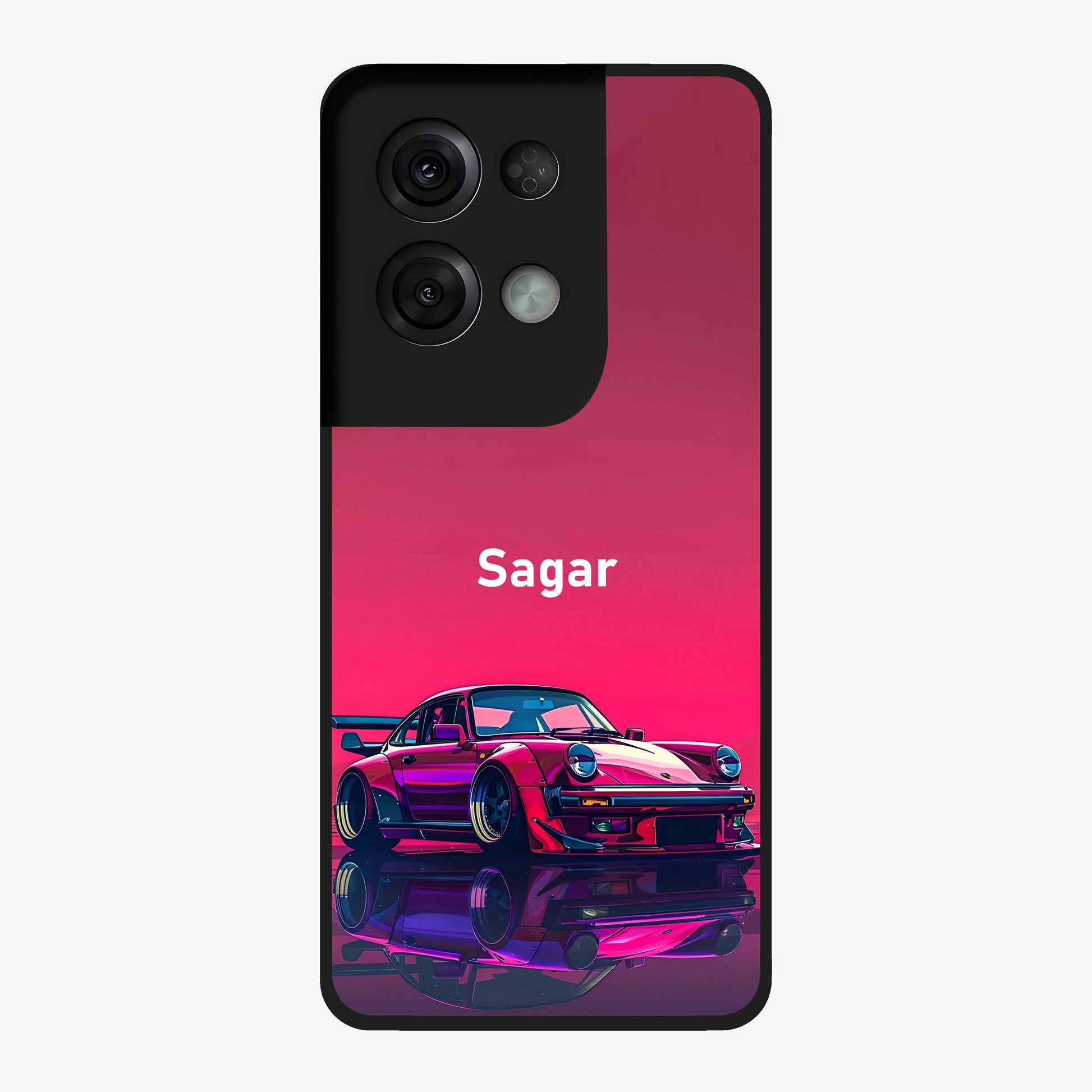 Neon Pink Porsche Glass Case showing flat back view with stylish sports car artwork and glossy glass finish.
