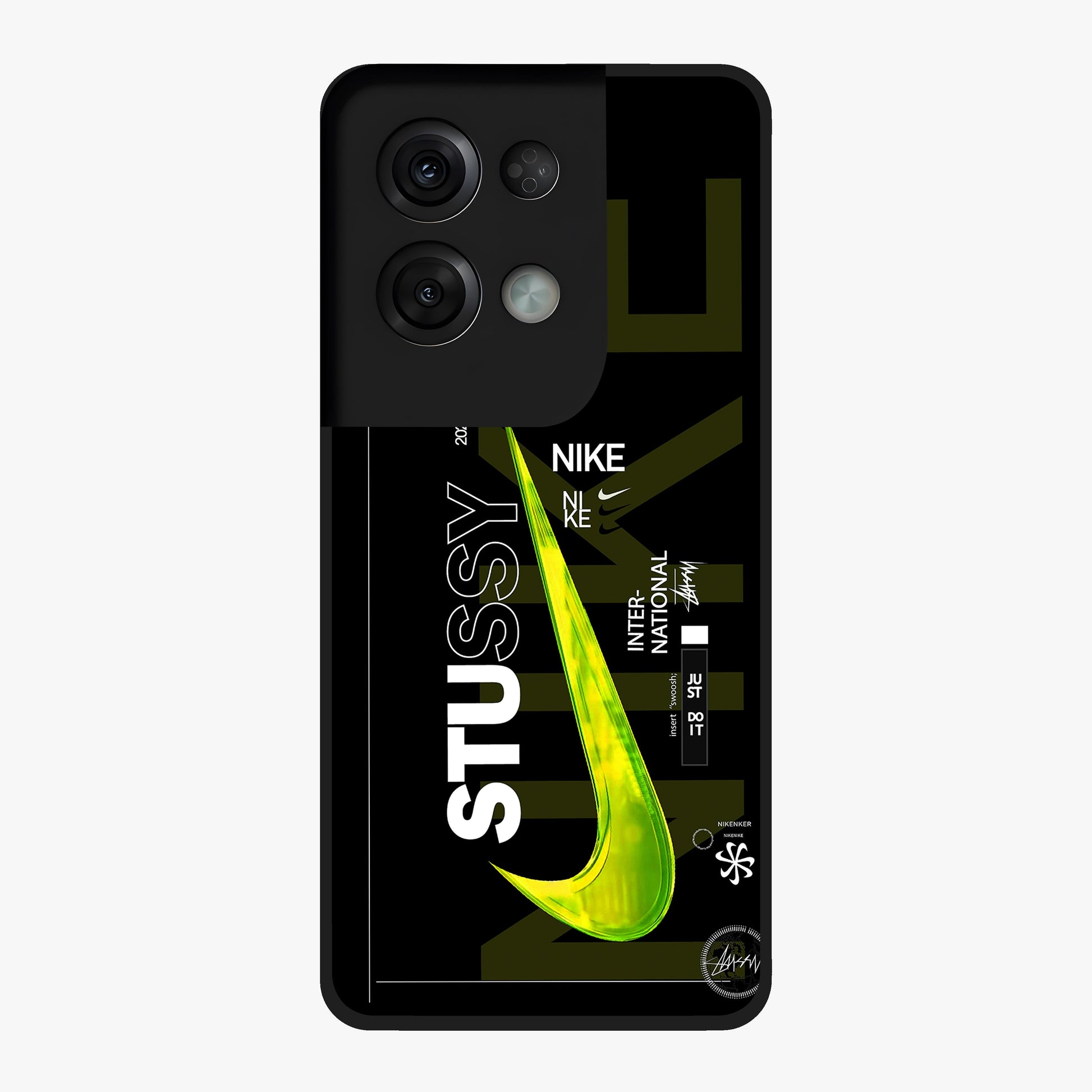 Neon Street Edition Glass Case showing flat back view with neon street style artwork and glossy glass finish.