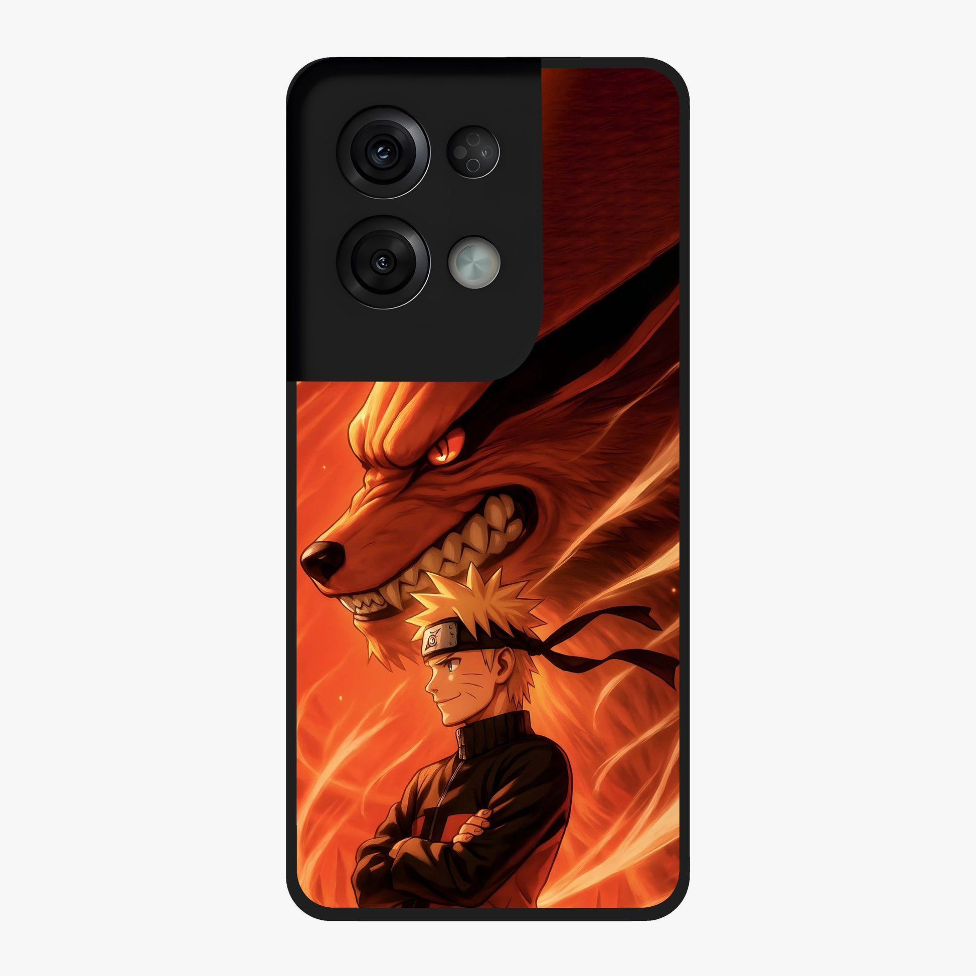 Nine Tails Legacy Glass Case showing flat back view with powerful nine-tailed fox inspired artwork and glossy glass finish.