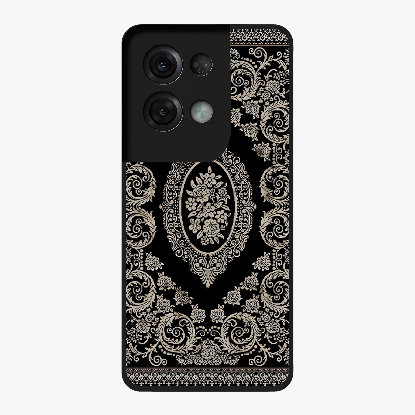 Noir Bloom Elegance Glass Case showing flat back view with elegant dark floral artwork and glossy glass finish.