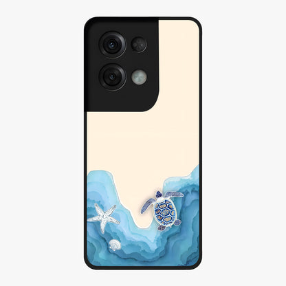 Ocean Drift Turtle Glass Case showing flat back view with sea turtle artwork and glossy glass finish.