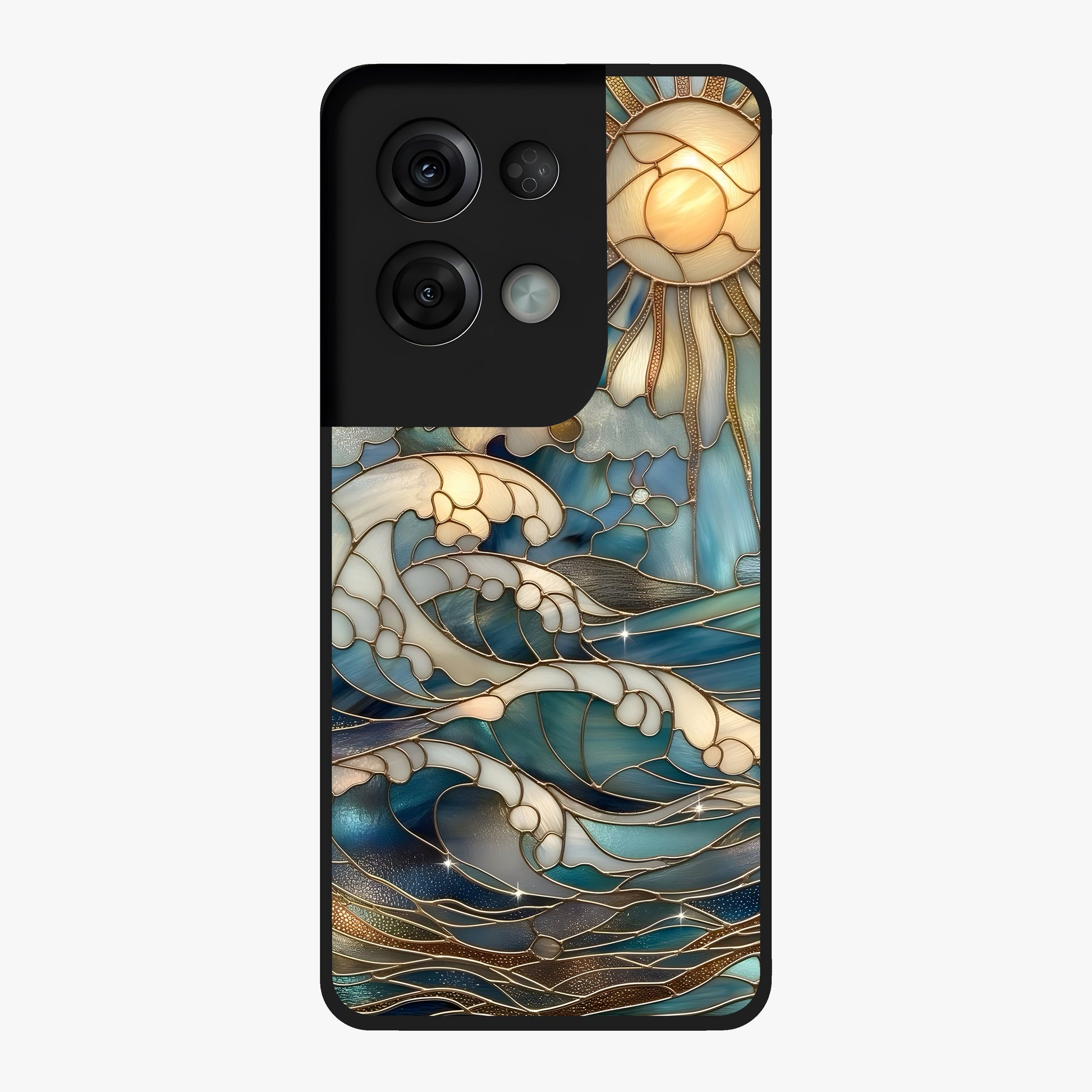Oceanic Stained Printed Glass Case showing flat back view with ocean inspired stained pattern artwork and glossy glass finish.