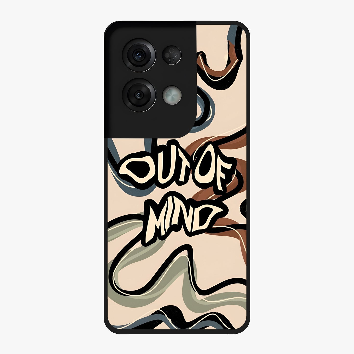Out Of Mind Glass Case showing flat back view with expressive typography artwork and glossy glass finish.