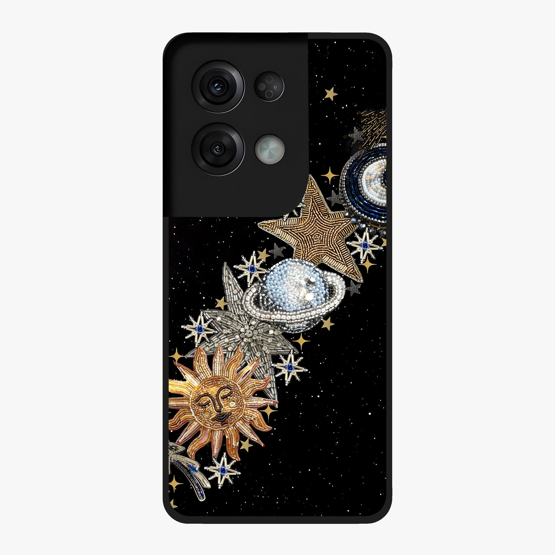 Pearls Universe Object Glass Case showing flat back view with pearl inspired cosmic artwork and glossy glass finish.