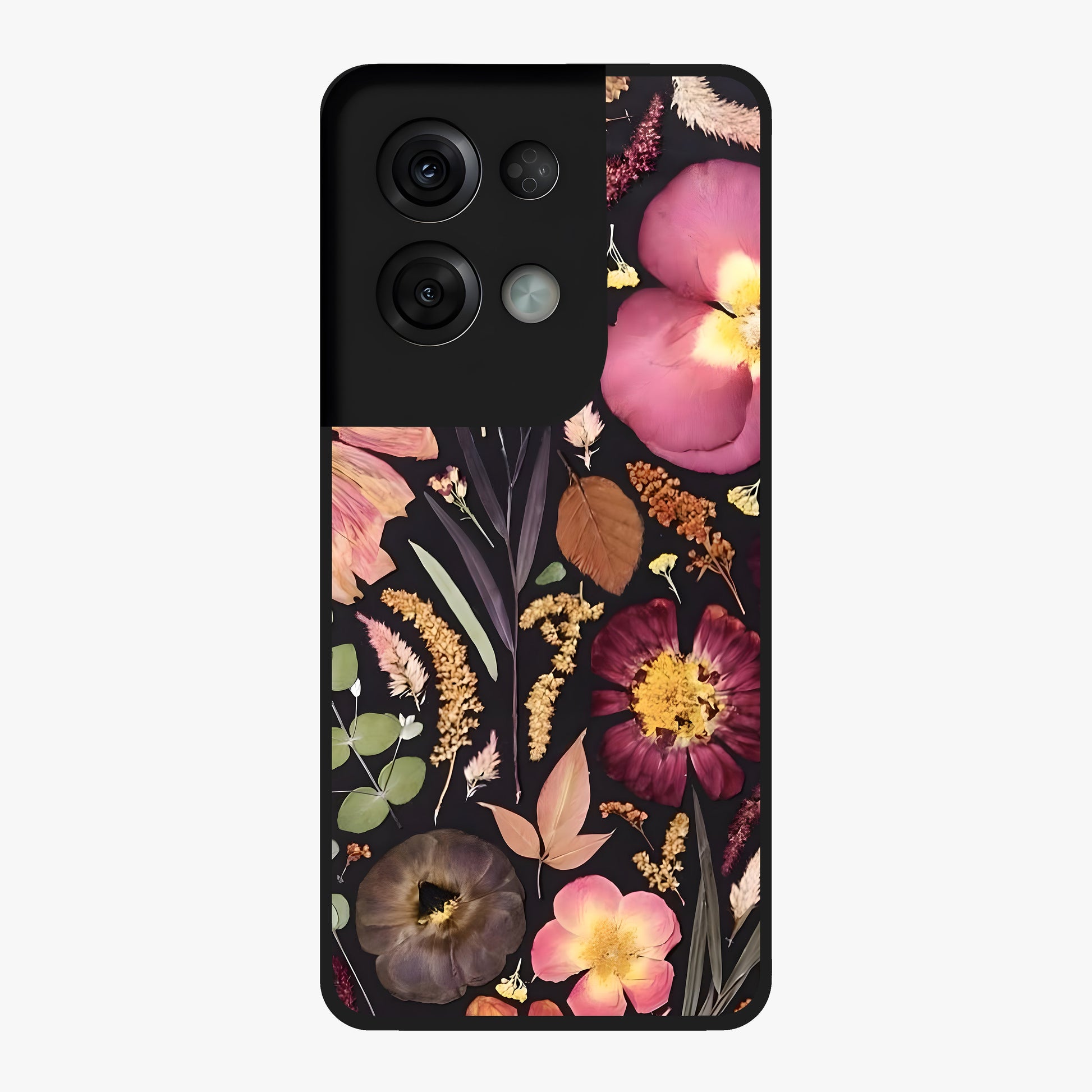 Petal Dream Tapestry Glass Case showing flat back view with intricate floral tapestry artwork and glossy glass finish.