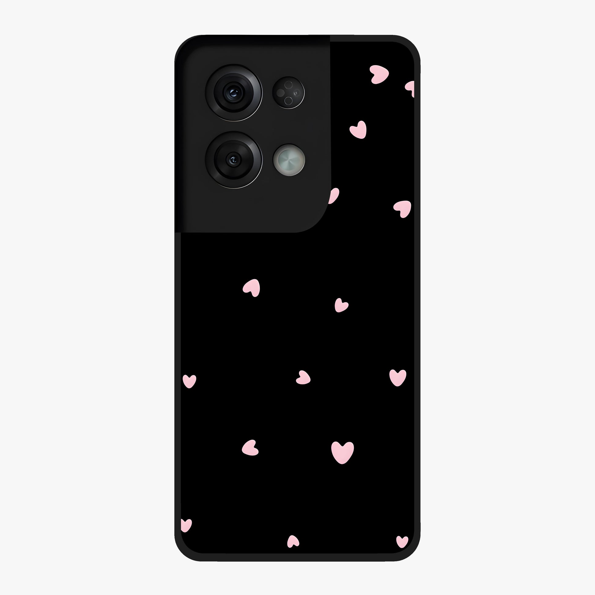 Pink Love Drops Glass Case showing flat back view with playful pink heart drops artwork and glossy glass finish.