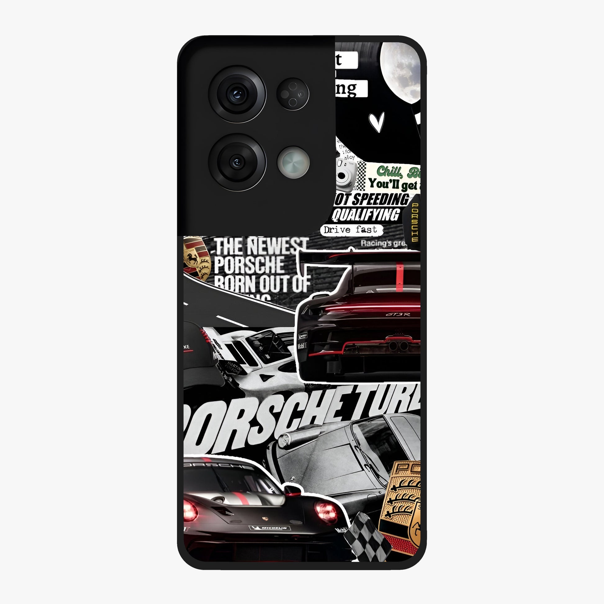 Porsche Racing Collage Glass Case showing flat back view with sports car racing collage artwork and glossy glass finish.