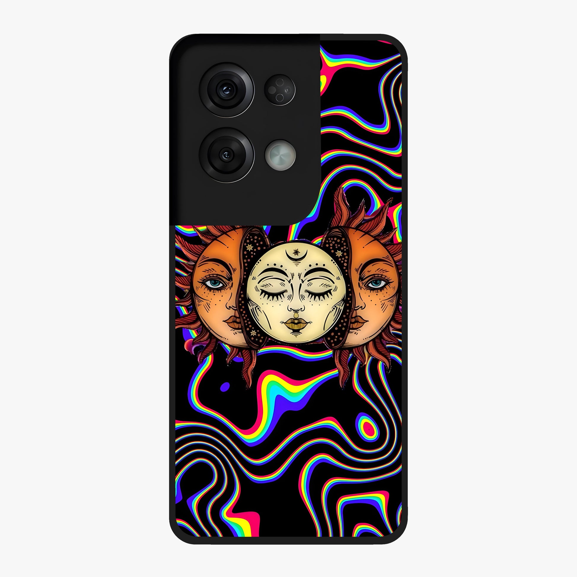 Psychedelic Sun Glass Case showing flat back view with colorful psychedelic sun artwork and glossy glass finish.