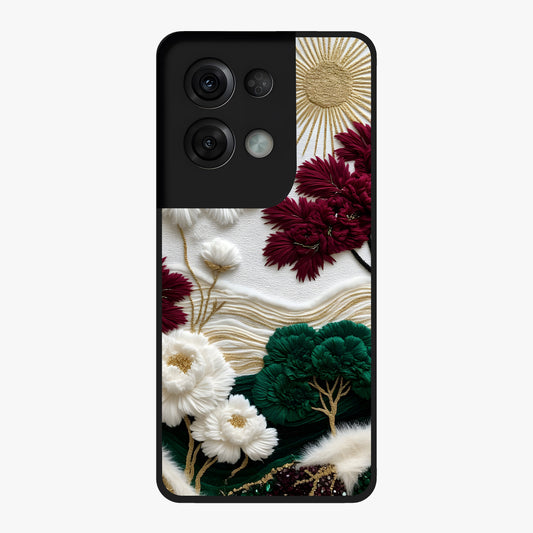 Radiant Bloom Elegance Glass Case showing flat back view with elegant blooming flower artwork and glossy glass finish.
