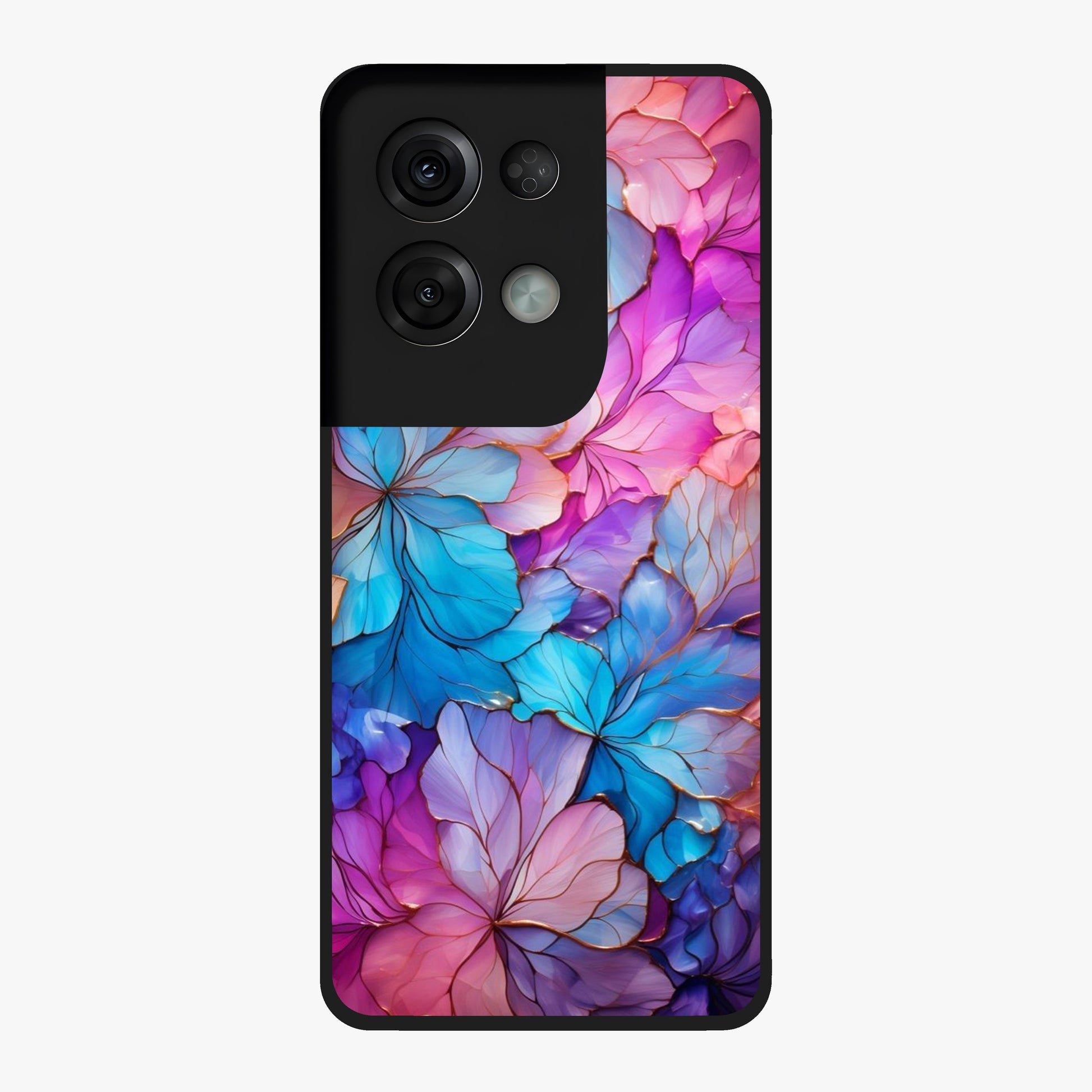 Radiant Floral Whirl Glass Case showing flat back view with swirling floral artwork and glossy glass finish.