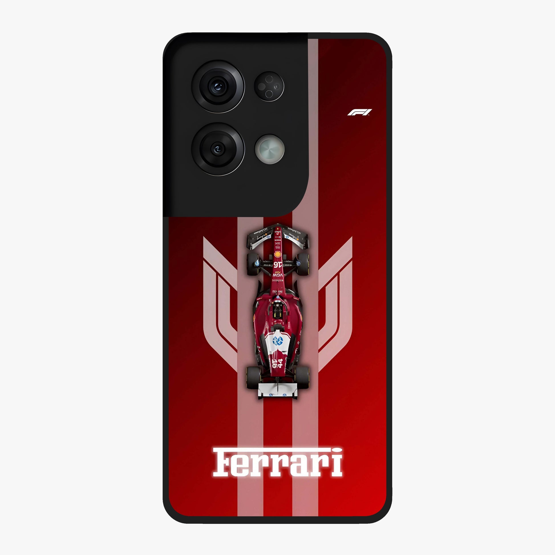 Red Ferrari F1 Vertical Glass Case showing flat back view with sleek Formula racing car artwork and glossy glass finish.