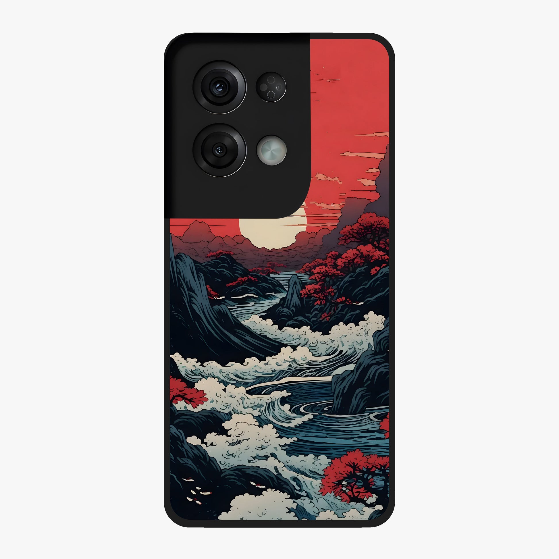 Red Sunset Scenery Glass Case showing flat back view with vibrant sunset landscape artwork and glossy glass finish.