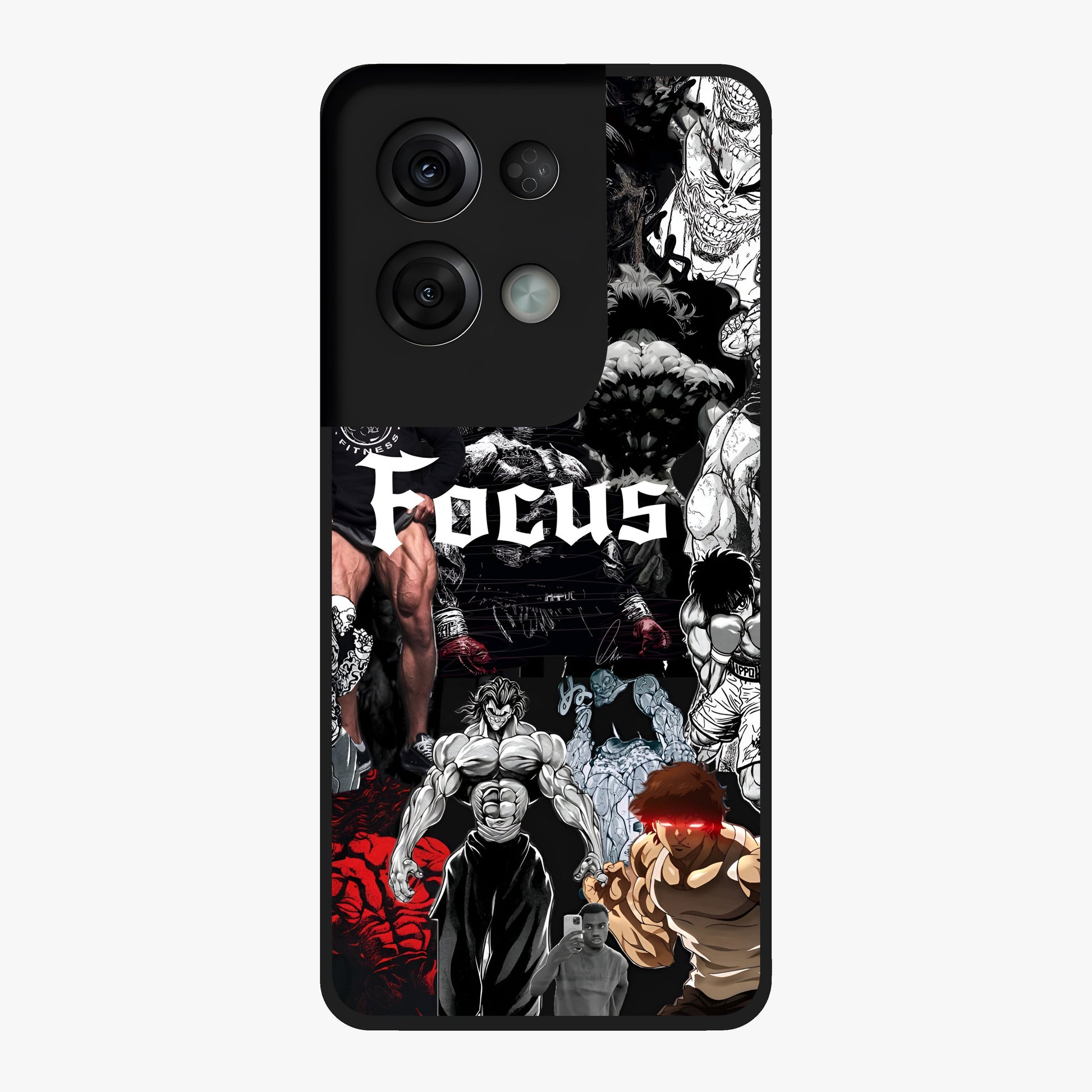 Relentless Power Focus Glass Case showing flat back view with motivational typography artwork and glossy glass finish.