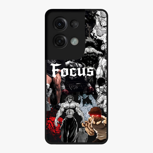 Relentless Power Focus Glass Case showing flat back view with motivational typography artwork and glossy glass finish.