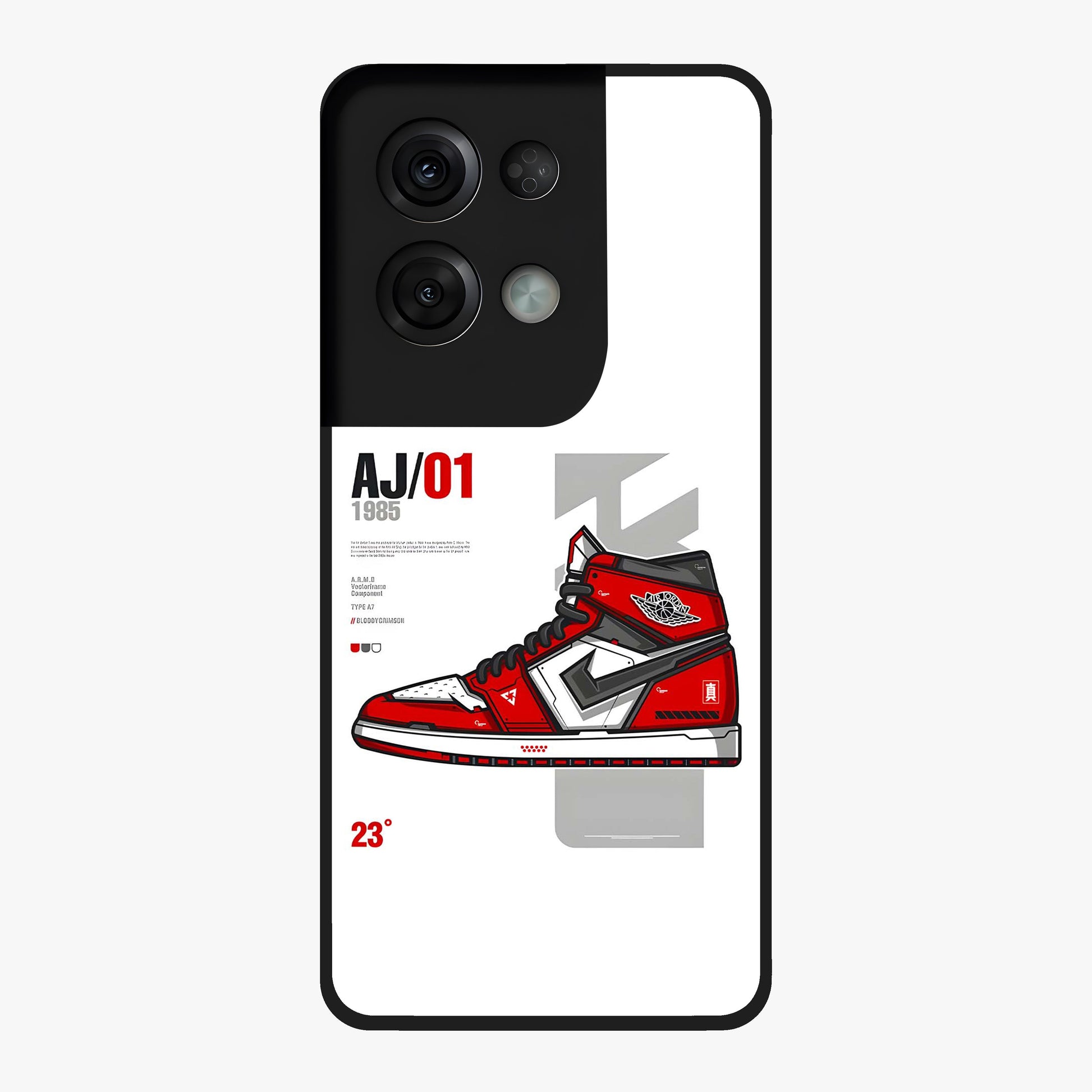 Retro Sneaker Blueprint Glass Case showing flat back view with sneaker blueprint style artwork and glossy glass finish.