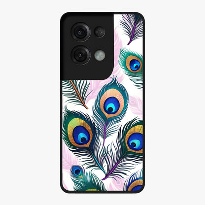 Royal Peacock Feathers Glass Case showing flat back view with colorful peacock feather artwork and glossy glass finish.