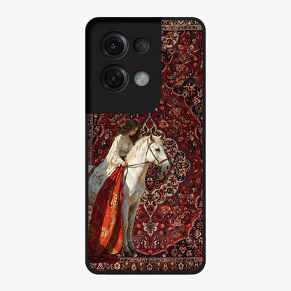 Royal Rider Tapestry Glass Case showing flat back view with majestic horse rider tapestry artwork and glossy glass finish.