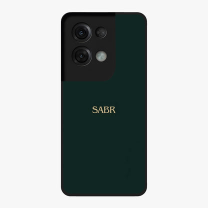 Sabr Minimal Patience Glass Case showing flat back view with minimalist typography artwork and glossy glass finish.