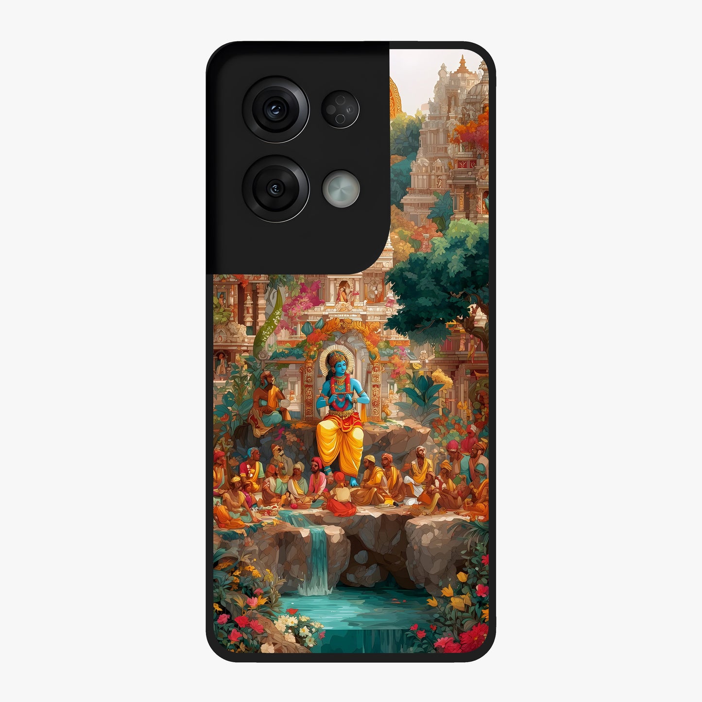 Sacred Sunlight Gods Glass Case showing flat back view with divine sunlight themed artwork and glossy glass finish.