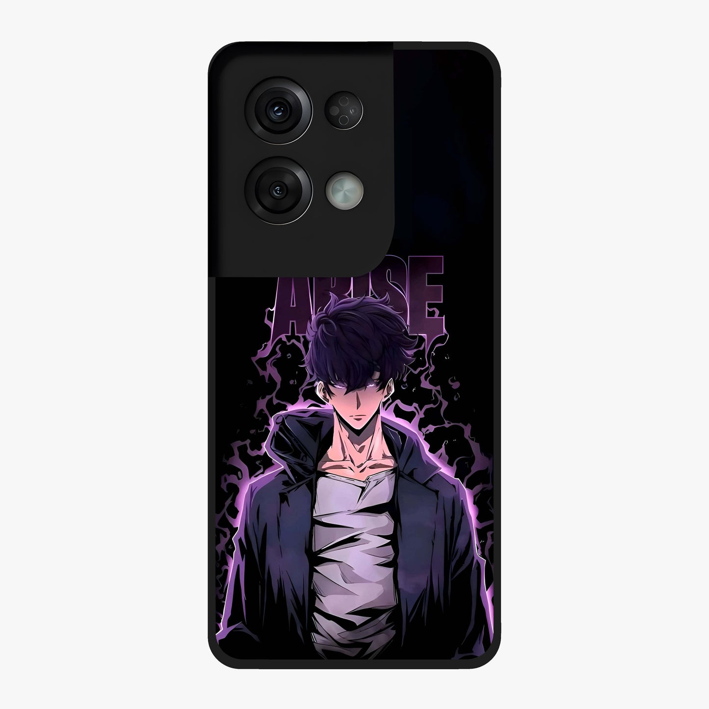 Shadow Monarch Awakening Glass Case showing flat back view with powerful dark monarch themed artwork and glossy glass finish.