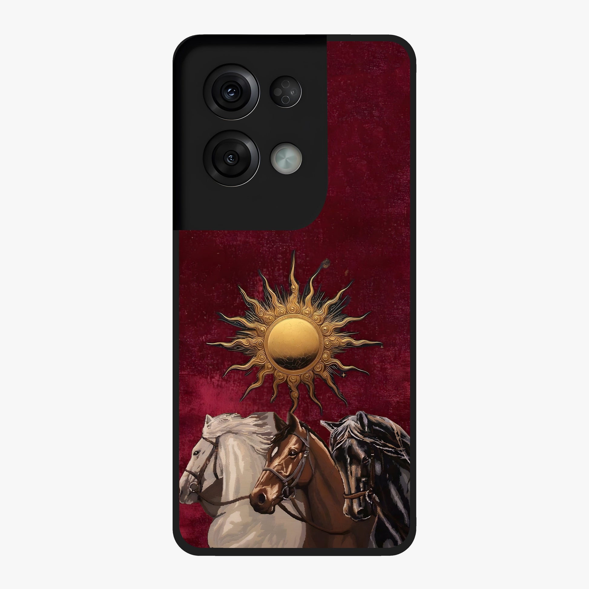 Solar Riders Glass Case showing flat back view with dynamic rider themed artwork and glossy glass finish.