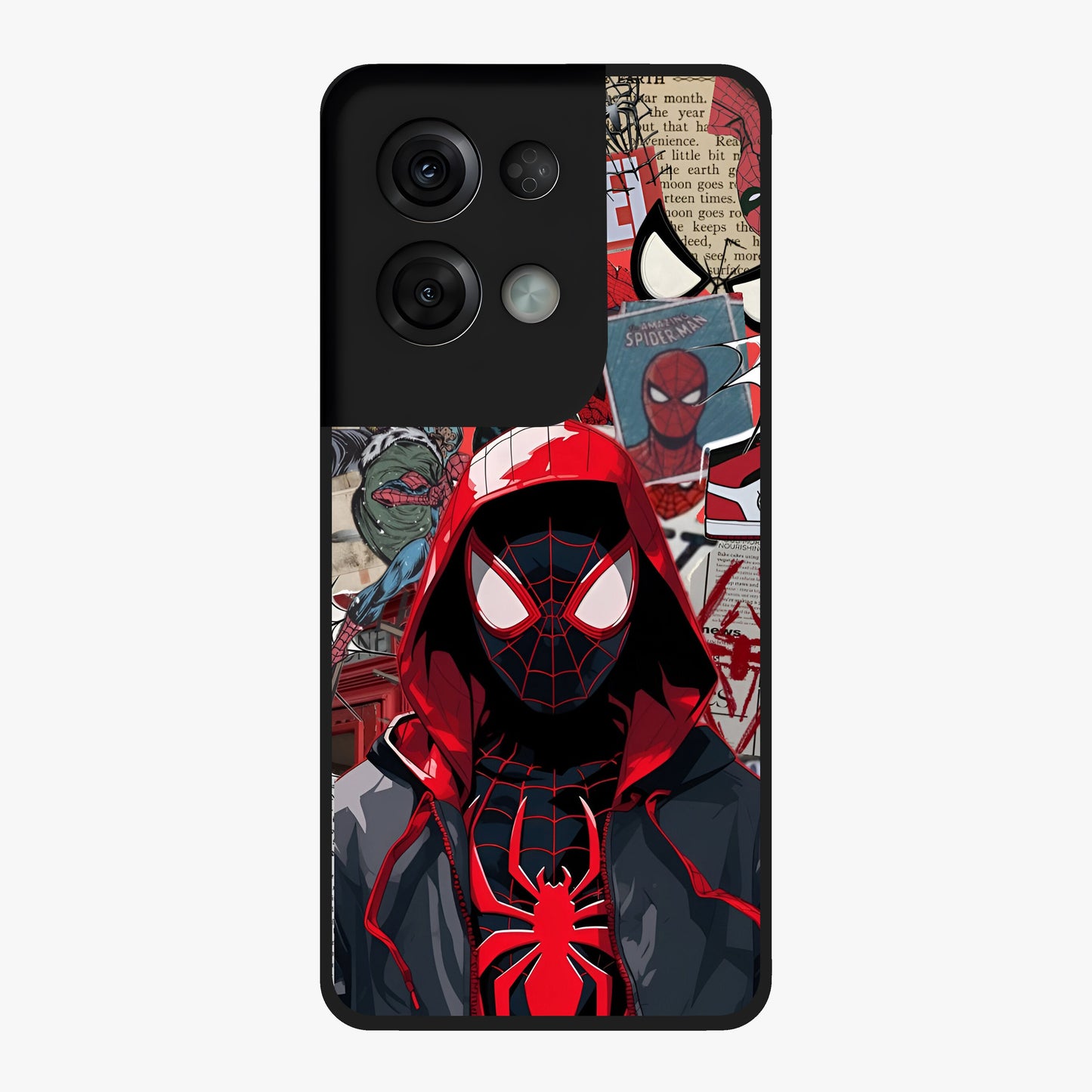 Spider Collage Street Glass Case showing flat back view with vibrant superhero collage artwork and glossy glass finish.