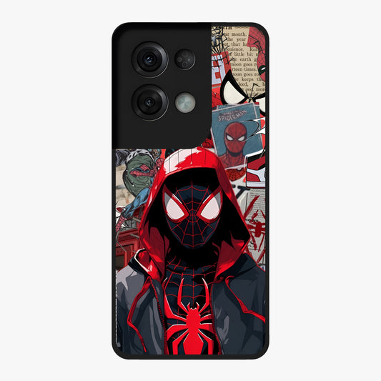 Spider Collage Street Glass Case showing flat back view with vibrant superhero collage artwork and glossy glass finish.