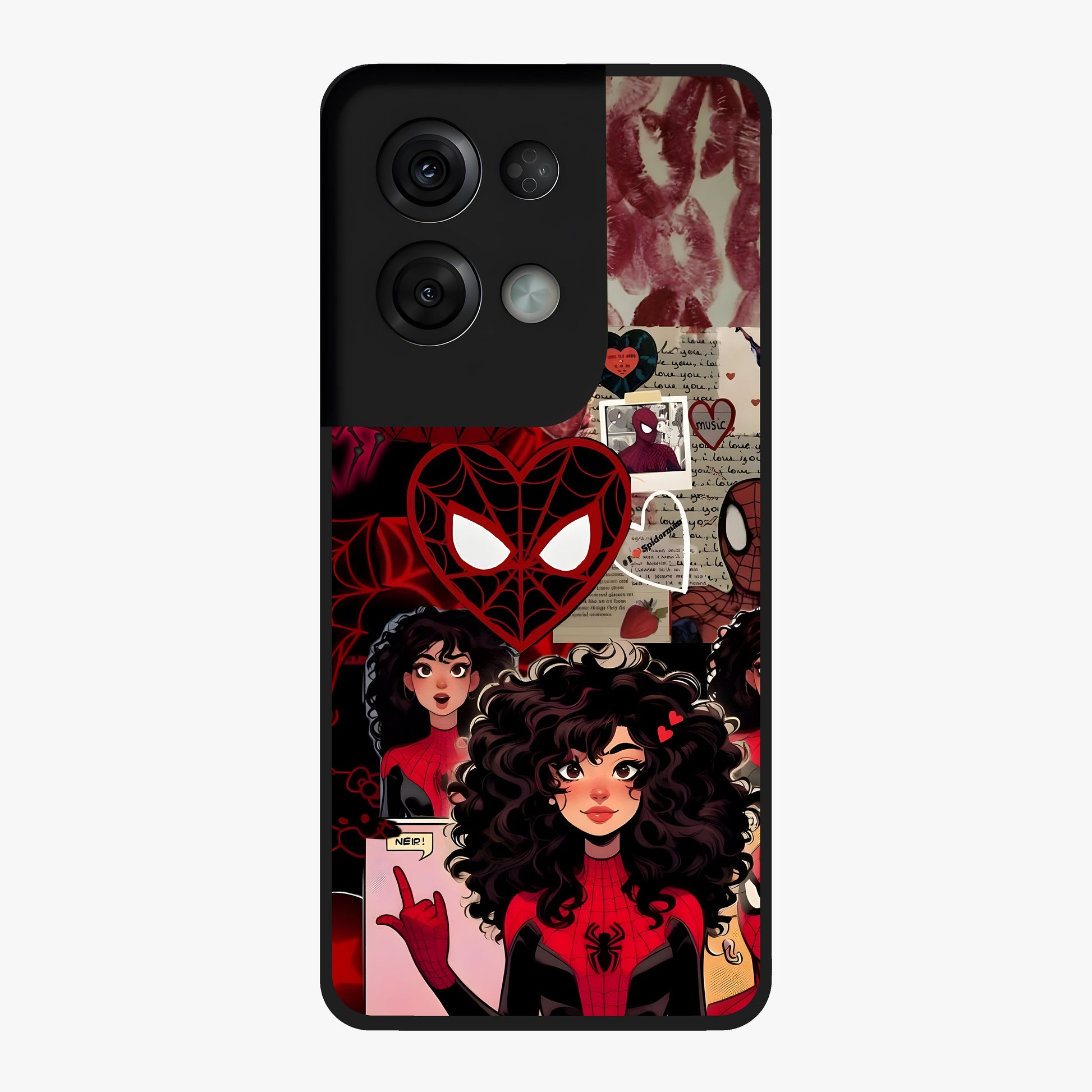 Spider Love Story Glass Case showing flat back view with romantic superhero themed artwork and glossy glass finish.