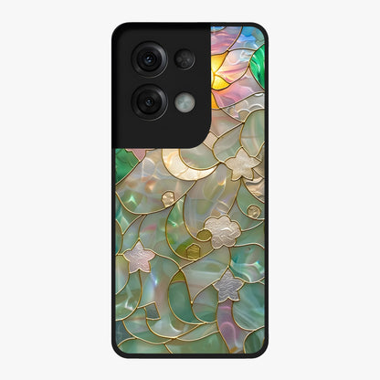 Stained Sunrise Glow Glass Case showing flat back view with glowing sunrise stained pattern artwork and glossy glass finish.