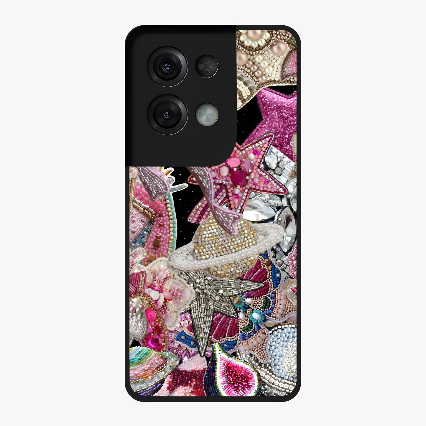 Starlit Jewel Dream Glass Case showing flat back view with sparkling jewel and star themed artwork and glossy glass finish.