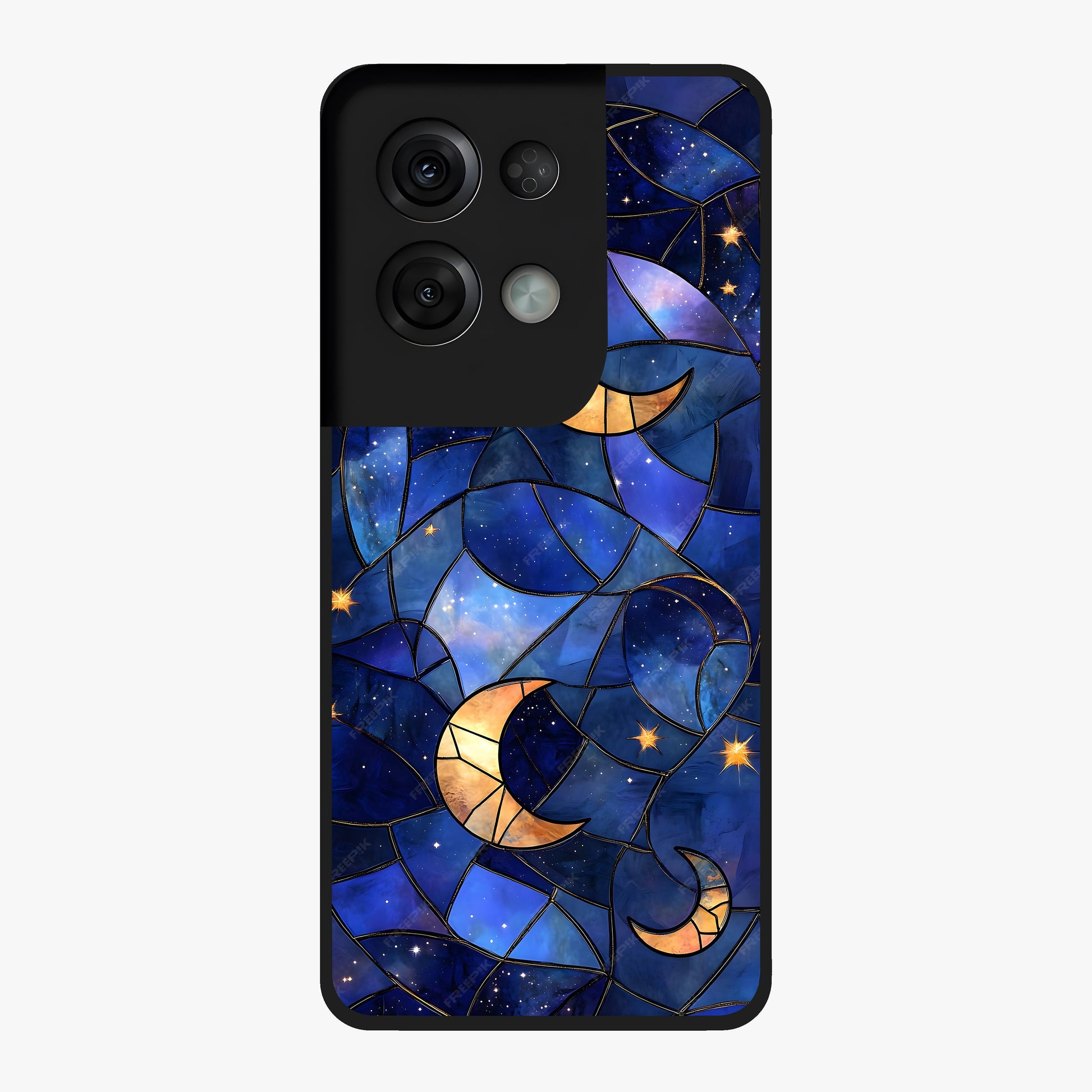 Starlit Sky Tapestry Glass Case showing flat back view with decorative starry sky tapestry artwork and glossy glass finish.