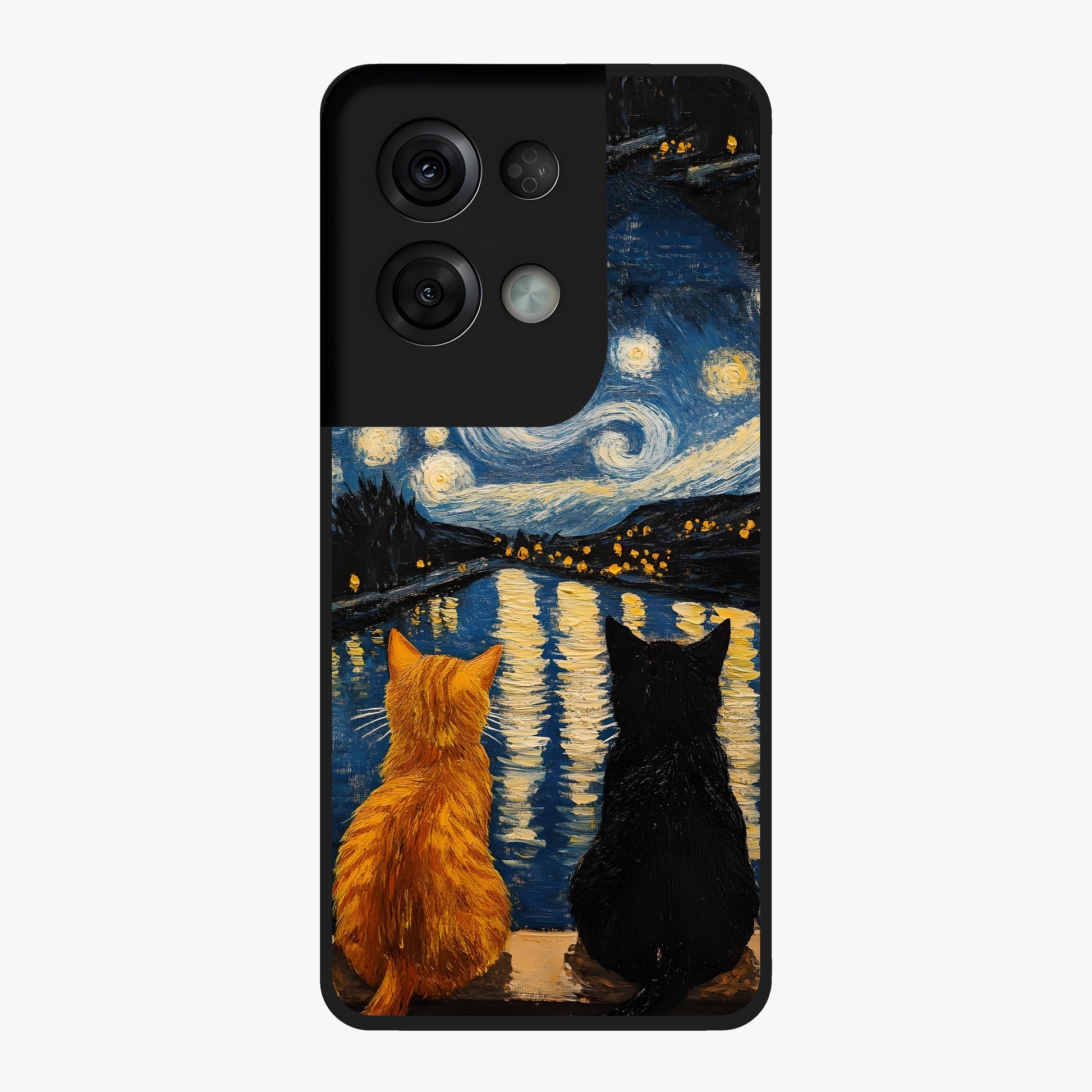 Starry River Cats Glass Case showing flat back view with cats by a starry river artwork and glossy glass finish.
