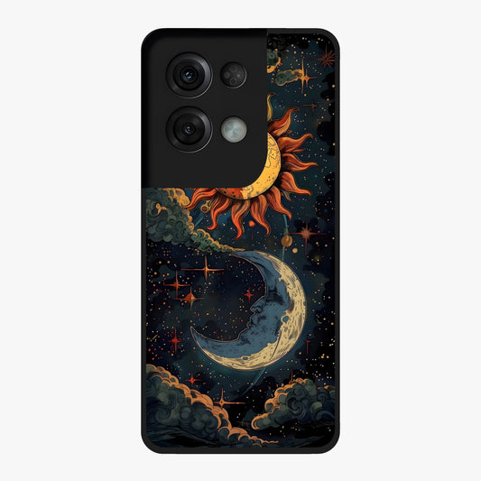 Sun And Moon Magic Design Glass Case showing flat back view with mystical sun and moon artwork and glossy glass finish.