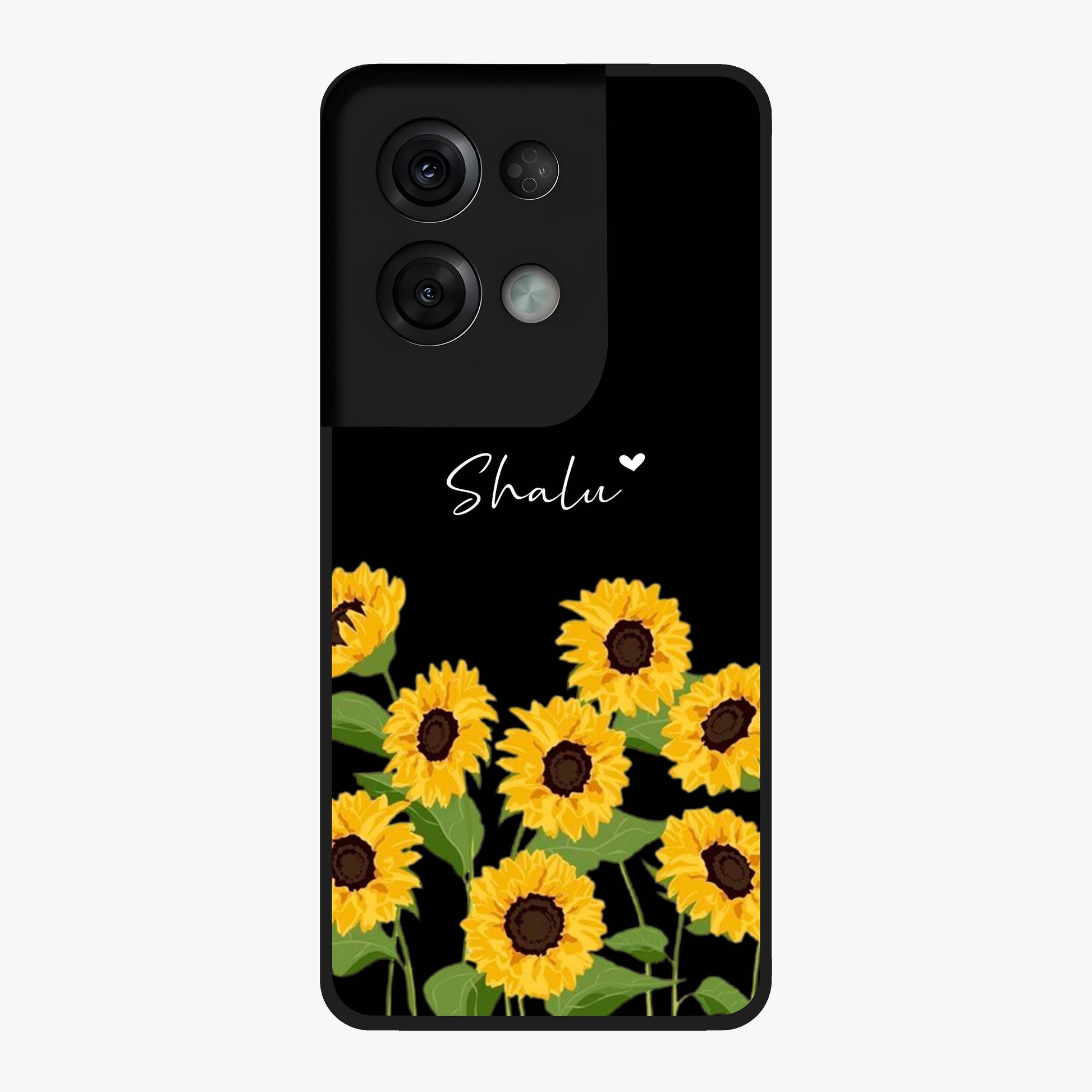 Sunflower Chic Mood Custom Name Glass Case showing flat back view with stylish sunflower artwork and personalized name design.