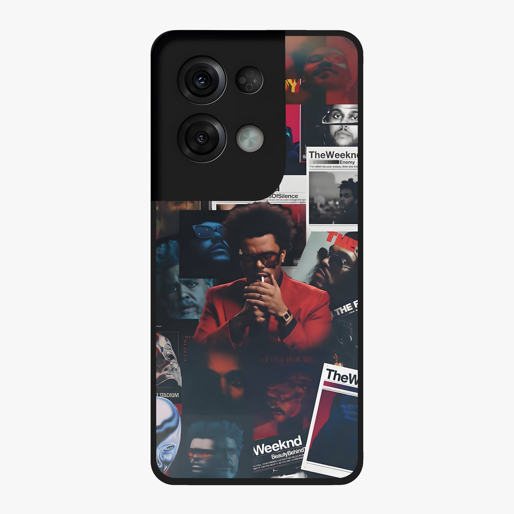 The Weeknd Glass Case showing flat back view with music inspired artistic portrait artwork and glossy glass finish.