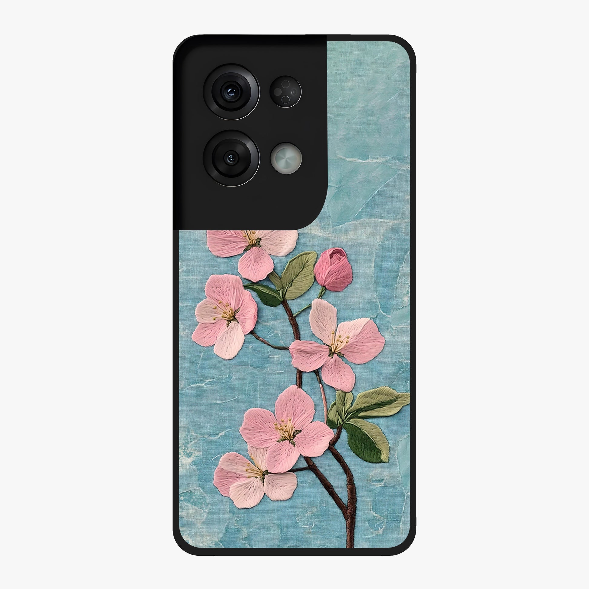 Threaded Blossom Breeze Glass Case showing flat back view with delicate blossom artwork and glossy glass finish.