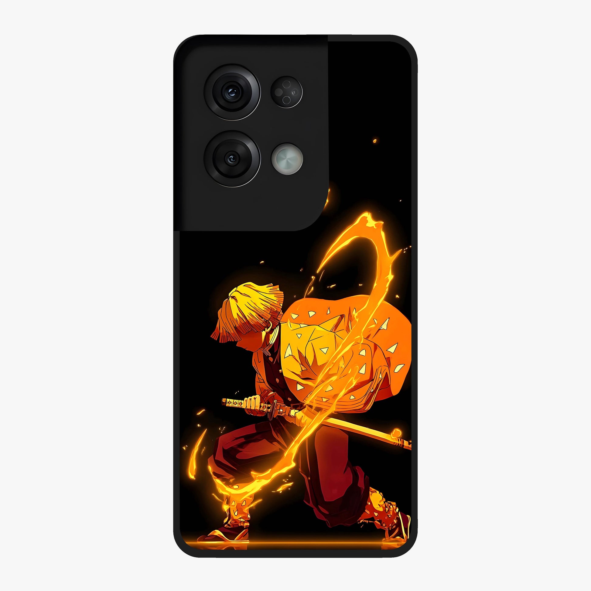 Thunder Flame Execution Glass Case showing flat back view with powerful flame and lightning artwork and glossy glass finish.