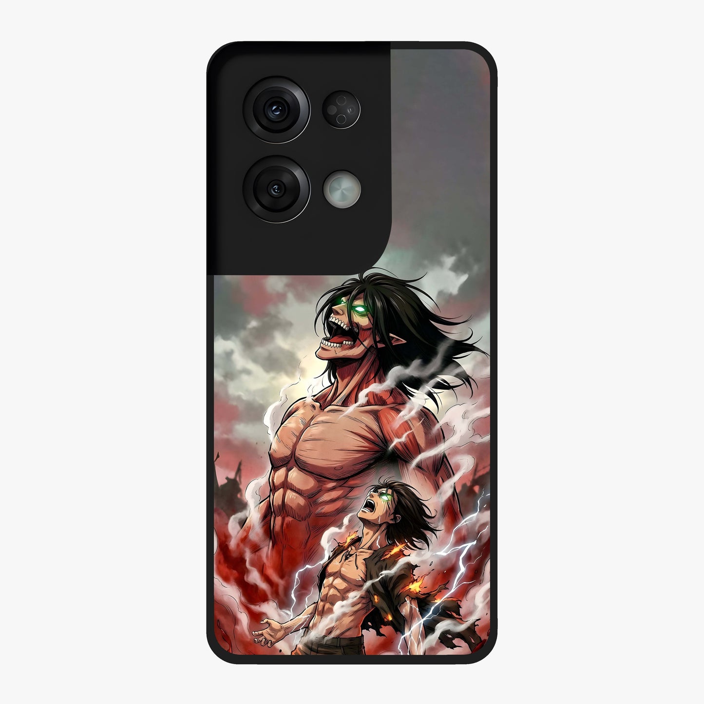 Titan Awakening Fury Glass Case showing flat back view with powerful titan inspired artwork and glossy glass finish.