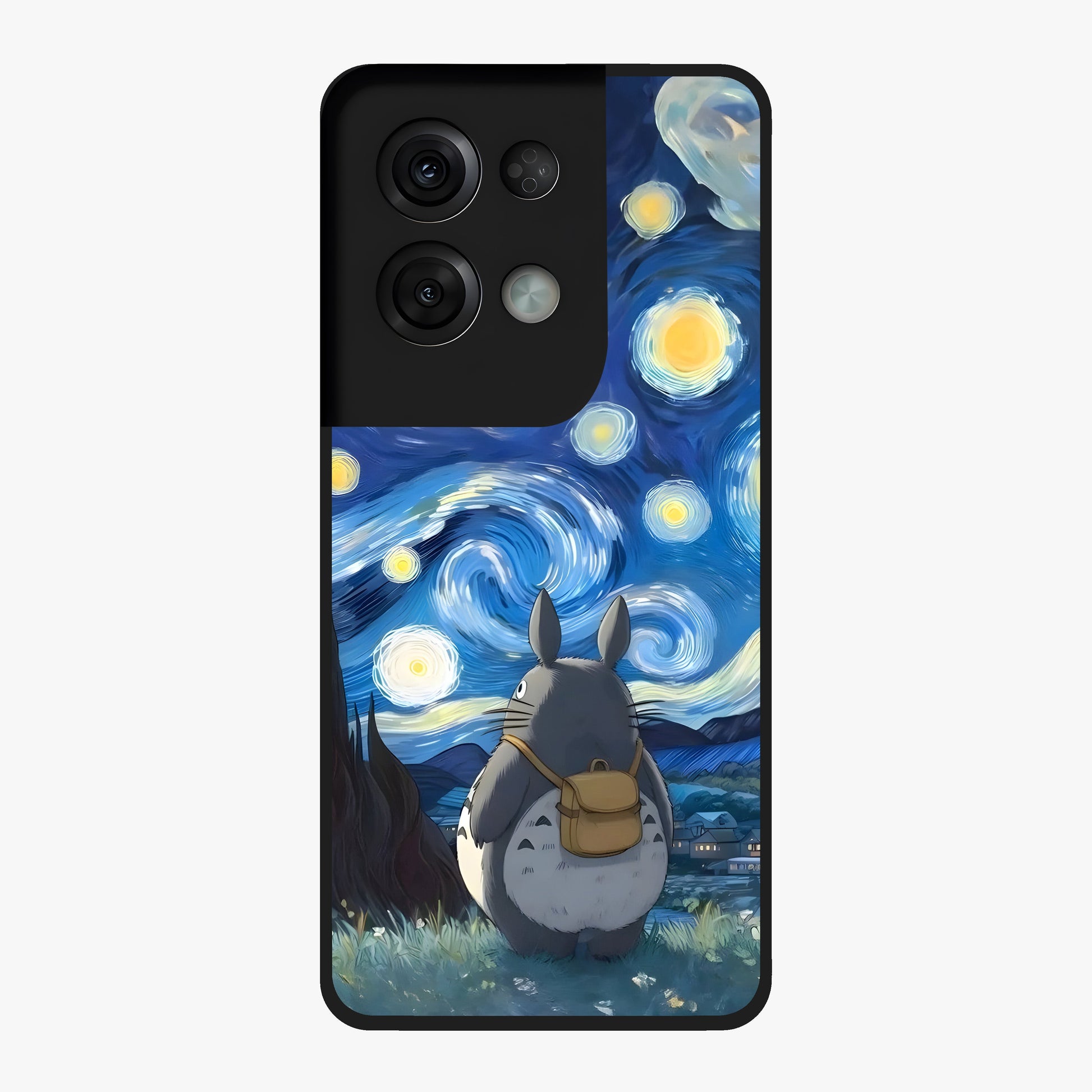 Totoro In Van Gogh Art Glass Case showing flat back view with whimsical character artwork inspired by Van Gogh style and glossy glass finish.
