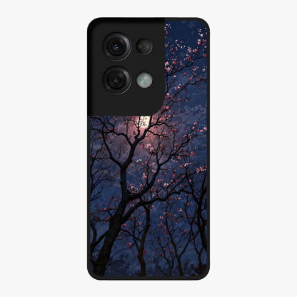 Twilight Sakura Serenade Glass Case showing flat back view with cherry blossom artwork at twilight and glossy glass finish.