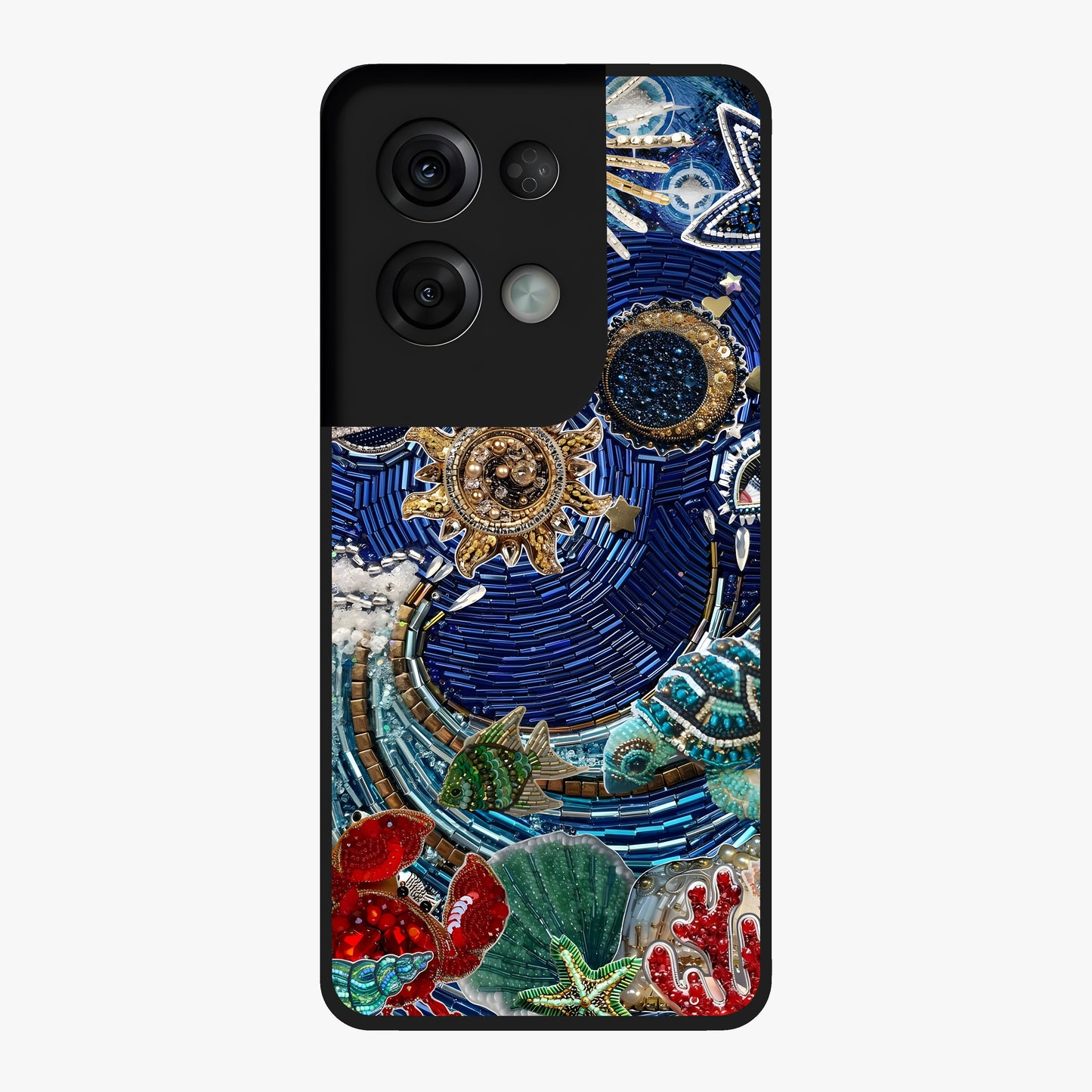 Universe Underwater Spark Glass Case showing flat back view with cosmic underwater themed artwork and glossy glass finish.