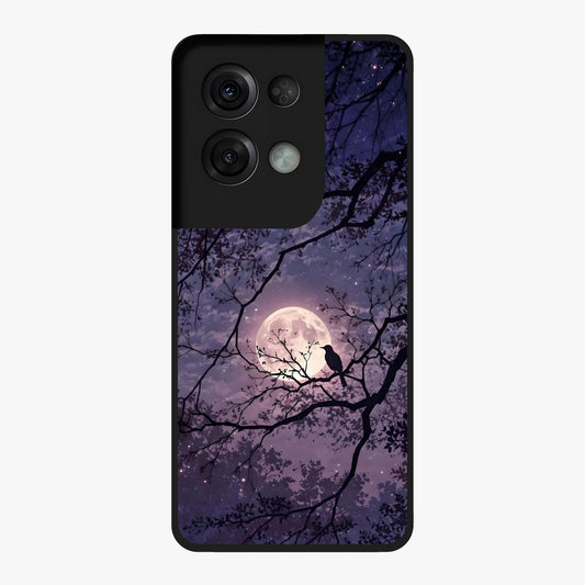Whispering Moon Silence Glass Case showing flat back view with serene moon themed artwork and glossy glass finish.