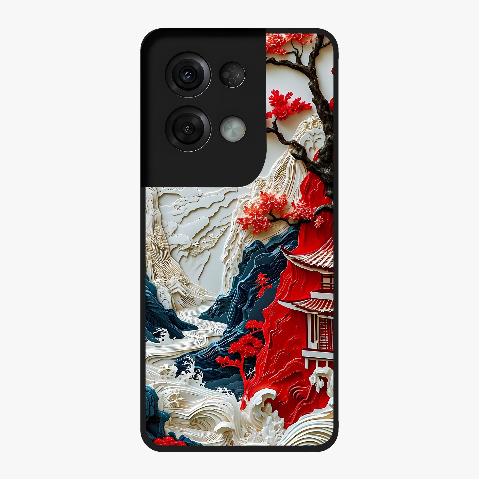 Whispers Of Sakura Waves Glass Case showing flat back view with cherry blossom wave artwork and glossy glass finish.
