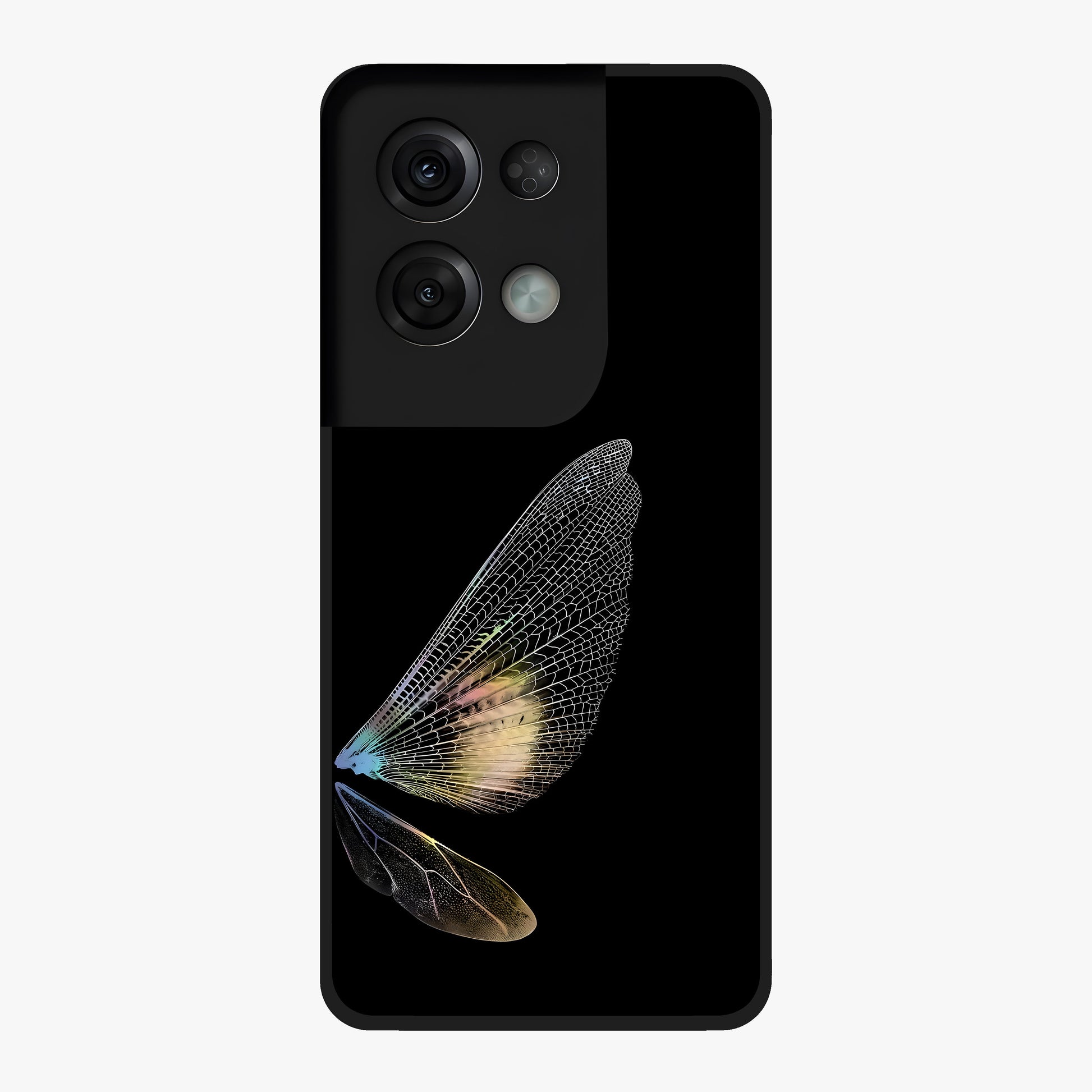 Whispers Of Wings Glass Case showing flat back view with graceful wing inspired artwork and glossy glass finish.