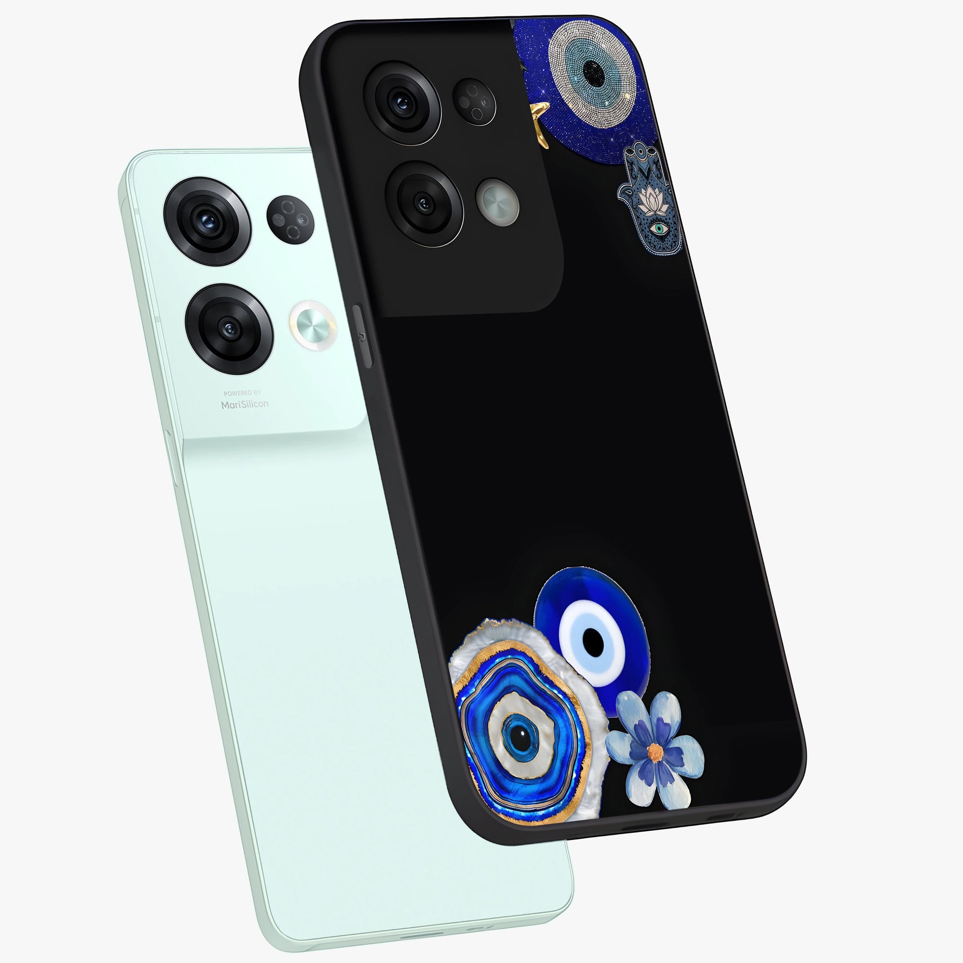 Aesthetic Blue Evil Eye Glass Case displayed in angled mockup highlighting blue evil eye symbol and spiritual aesthetic design.